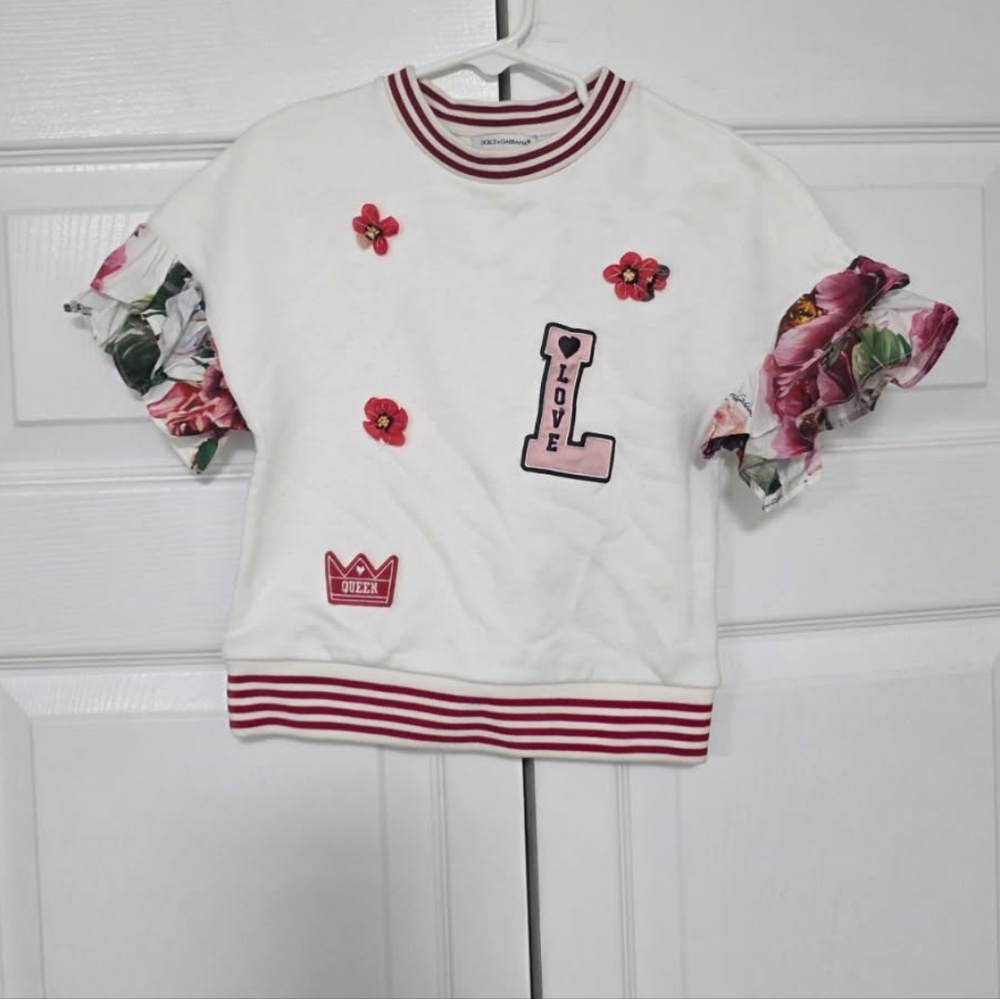 Dolce & Gabbana White Tee with Pink Floral Ruffle Sleeves and 'Love' Patch